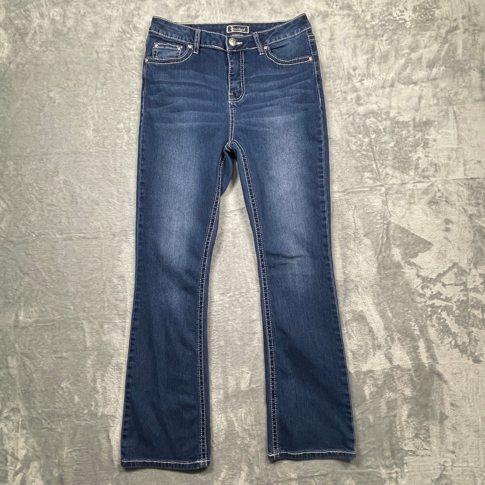 Soundgirl Bootcut Jeans Women Sz 9 Blue Embroidered Cross Rhinestone Medium Wash